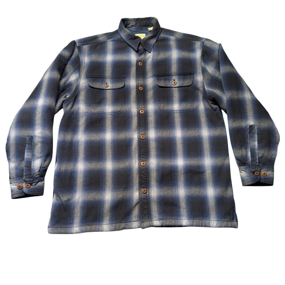 Red Head Mens L Button Up Flannel Blue Black Plaid Heavyweight Fleece Lined